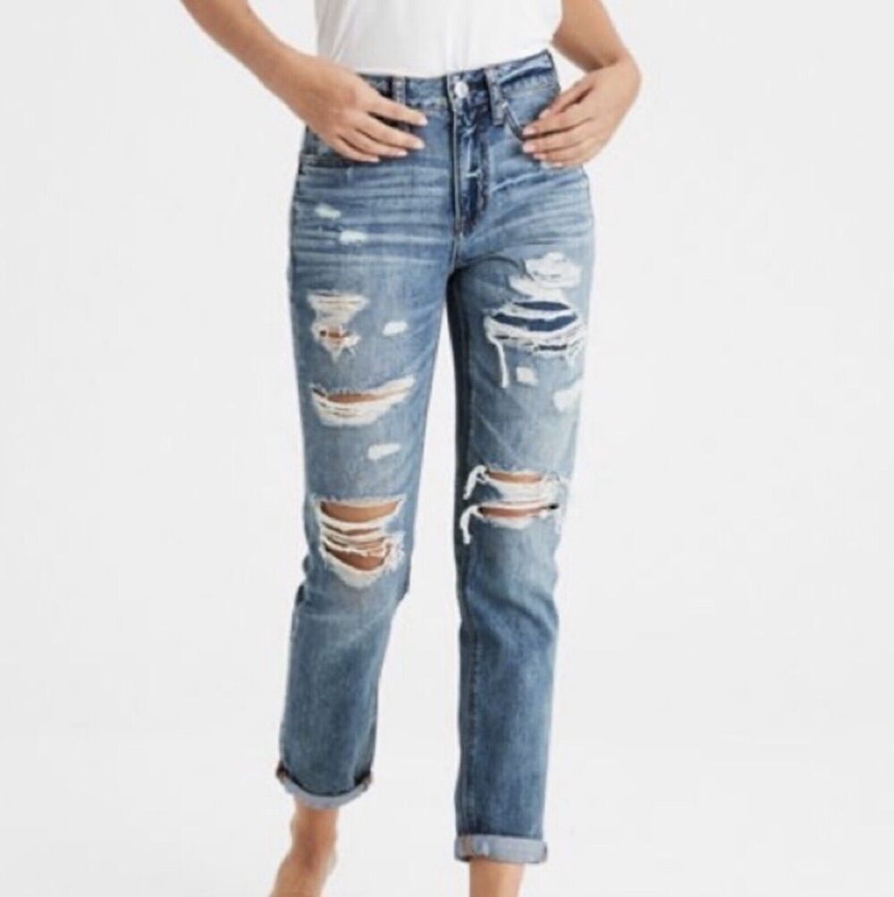 American Eagle Tomgirl Button Fly Shadow Patch Jeans Blue 2